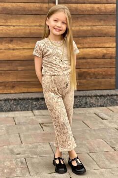 Kız Çocuk Boydan Üzeri Dantel İşlemeli Şeffaf Tül İçi Astarlı Bej Tulum