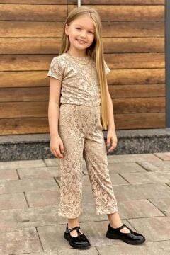 Kız Çocuk Boydan Üzeri Dantel İşlemeli Şeffaf Tül İçi Astarlı Bej Tulum