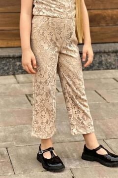 Kız Çocuk Boydan Üzeri Dantel İşlemeli Şeffaf Tül İçi Astarlı Bej Tulum