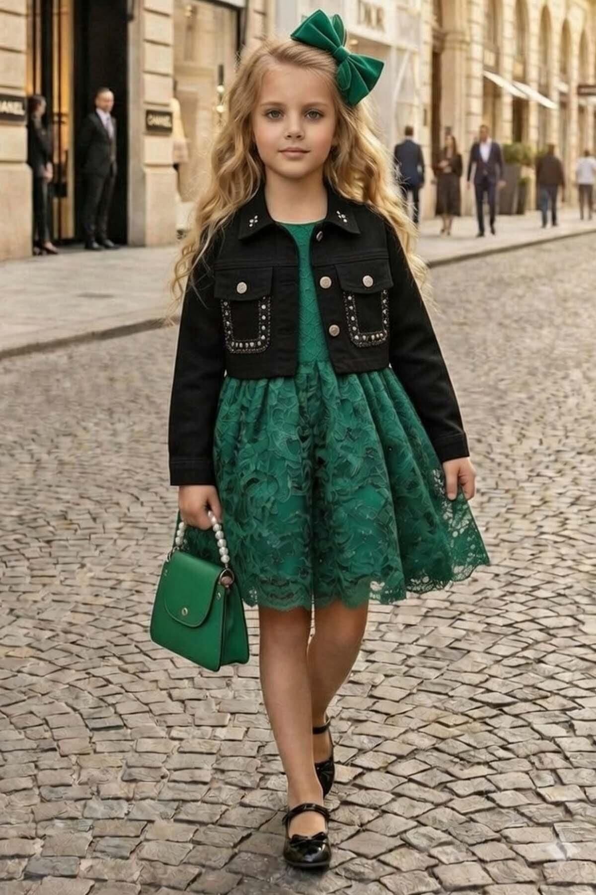 Kız Çocuk Jean Ceketli Dantel İşlemeli Tüllü Yeşil Abiye