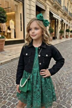 Kız Çocuk Jean Ceketli Dantel İşlemeli Tüllü Yeşil Abiye