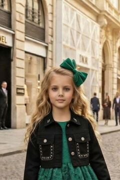 Kız Çocuk Jean Ceketli Dantel İşlemeli Tüllü Yeşil Abiye