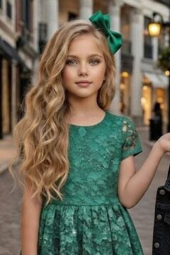 Kız Çocuk Jean Ceketli Dantel İşlemeli Tüllü Yeşil Abiye