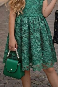 Kız Çocuk Jean Ceketli Dantel İşlemeli Tüllü Yeşil Abiye