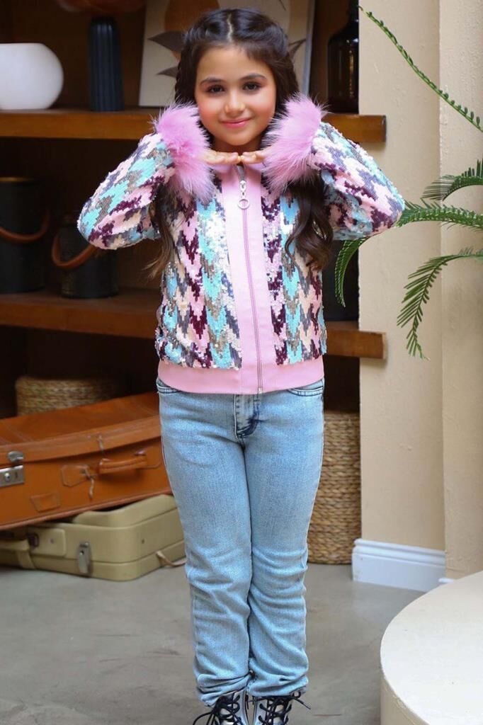 Kız Çocuk Pulpayet ve Kol Uçları Tüy Detaylı Ceket, Denim Pantolonlu, Pembe Alt Üst Takım