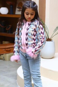 Kız Çocuk Pulpayet ve Kol Uçları Tüy Detaylı Ceket, Denim Pantolonlu, Pembe Alt Üst Takım
