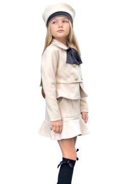 Kız Çocuk Asimetrik Kesim ve Düğme Detaylı Ceket Eteği Fırfır Detaylı Krem Kaşe Etekli Takım