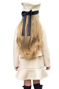 Kız Çocuk Asimetrik Kesim ve Düğme Detaylı Ceket Eteği Fırfır Detaylı Krem Kaşe Etekli Takım