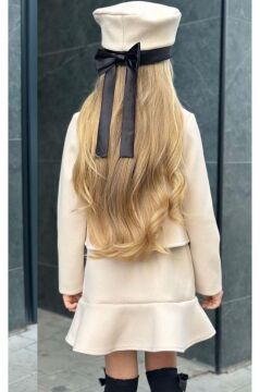 Kız Çocuk Asimetrik Kesim ve Düğme Detaylı Ceket Eteği Fırfır Detaylı Krem Kaşe Etekli Takım