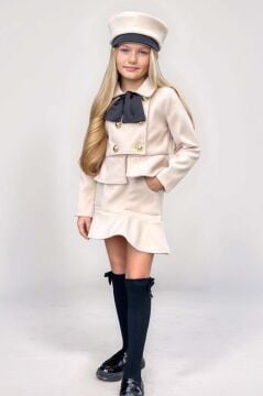 Kız Çocuk Asimetrik Kesim ve Düğme Detaylı Ceket Eteği Fırfır Detaylı Krem Kaşe Etekli Takım