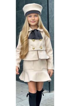 Kız Çocuk Asimetrik Kesim ve Düğme Detaylı Ceket Eteği Fırfır Detaylı Krem Kaşe Etekli Takım