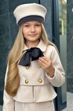 Kız Çocuk Asimetrik Kesim ve Düğme Detaylı Ceket Eteği Fırfır Detaylı Krem Kaşe Etekli Takım