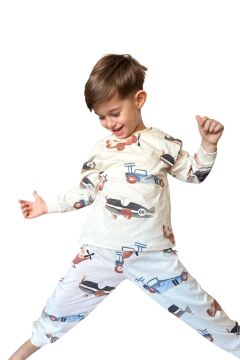 Erkek Çocuk Üzerinde Helikopter ve Araba Digital Baskılı Krem Pijama Takımı