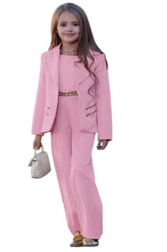 Kız Çocuk Blazer Ceket ve Zincir Detaylı Pudra Tulum