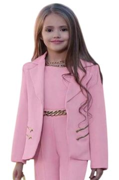 Kız Çocuk Blazer Ceket ve Zincir Detaylı Pudra Tulum