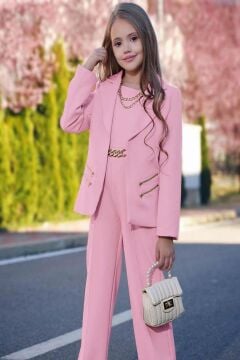 Kız Çocuk Blazer Ceket ve Zincir Detaylı Pudra Tulum