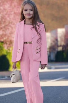 Kız Çocuk Blazer Ceket ve Zincir Detaylı Pudra Tulum