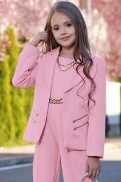 Kız Çocuk Blazer Ceket ve Zincir Detaylı Pudra Tulum