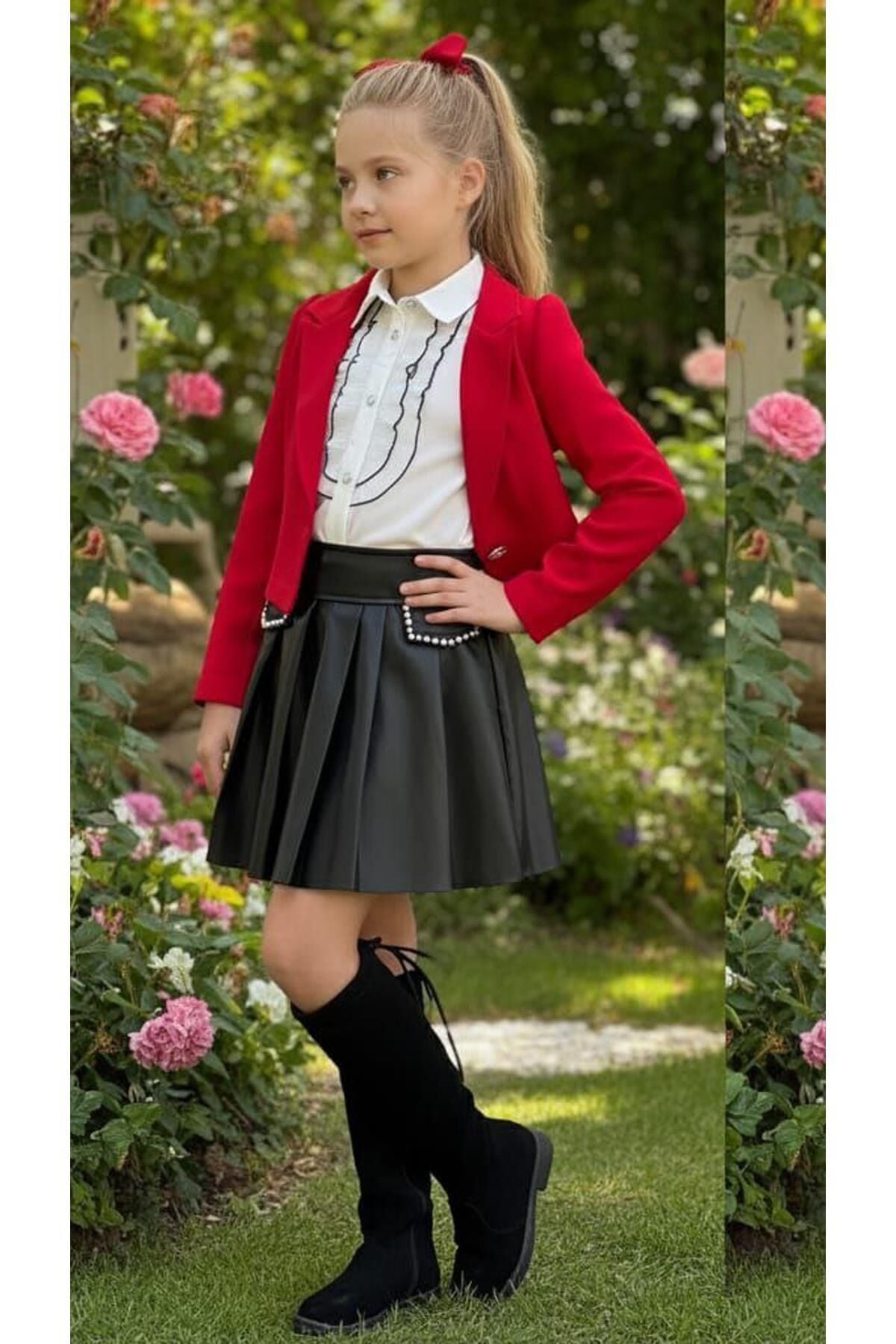 Kız Çocuk Elmas Taşlı Volanlı Gömlek Kırmızı Blazer Ceket Taş Detaylı Deri Etekli Takım