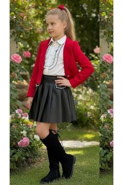 Kız Çocuk Elmas Taşlı Volanlı Gömlek Kırmızı Blazer Ceket Taş Detaylı Deri Etekli Takım