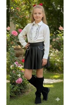 Kız Çocuk Elmas Taşlı Volanlı Gömlek Kırmızı Blazer Ceket Taş Detaylı Deri Etekli Takım