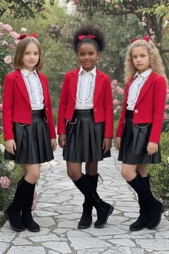 Kız Çocuk Elmas Taşlı Volanlı Gömlek Kırmızı Blazer Ceket Taş Detaylı Deri Etekli Takım