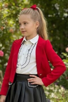 Kız Çocuk Elmas Taşlı Volanlı Gömlek Kırmızı Blazer Ceket Taş Detaylı Deri Etekli Takım