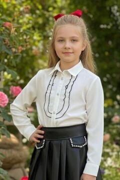 Kız Çocuk Elmas Taşlı Volanlı Gömlek Kırmızı Blazer Ceket Taş Detaylı Deri Etekli Takım