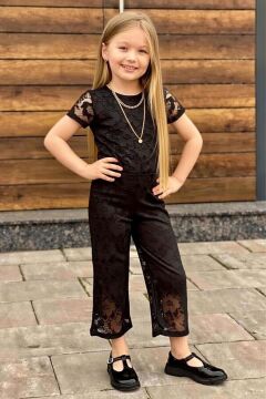 Kız Çocuk Boydan Üzeri Dantel İşlemeli Şeffaf Tül İçi Astarlı Siyah Tulum