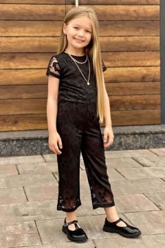 Kız Çocuk Boydan Üzeri Dantel İşlemeli Şeffaf Tül İçi Astarlı Siyah Tulum