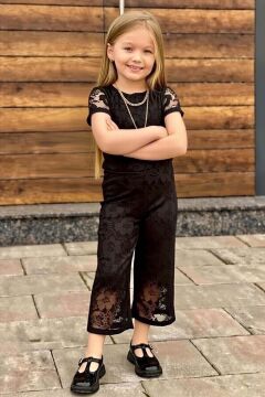 Kız Çocuk Boydan Üzeri Dantel İşlemeli Şeffaf Tül İçi Astarlı Siyah Tulum