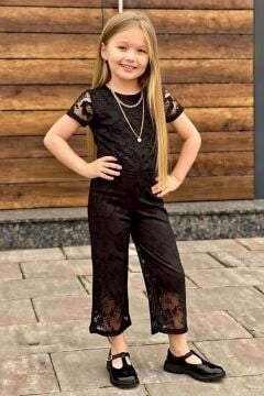 Kız Çocuk Boydan Üzeri Dantel İşlemeli Şeffaf Tül İçi Astarlı Siyah Tulum