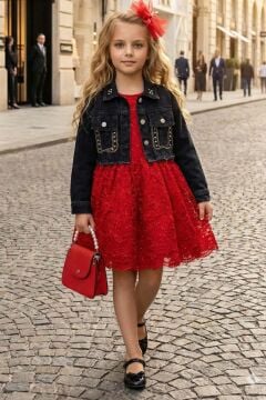 Kız Çocuk Jean Ceketli Dantel İşlemeli Tüllü Kırmızı Abiye