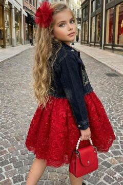 Kız Çocuk Jean Ceketli Dantel İşlemeli Tüllü Kırmızı Abiye