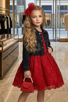 Kız Çocuk Jean Ceketli Dantel İşlemeli Tüllü Kırmızı Abiye