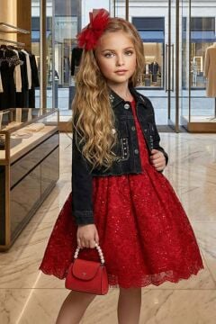 Kız Çocuk Jean Ceketli Dantel İşlemeli Tüllü Kırmızı Abiye