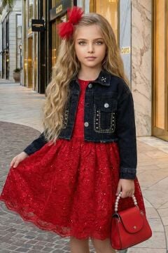 Kız Çocuk Jean Ceketli Dantel İşlemeli Tüllü Kırmızı Abiye