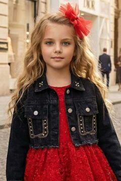 Kız Çocuk Jean Ceketli Dantel İşlemeli Tüllü Kırmızı Abiye