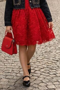 Kız Çocuk Jean Ceketli Dantel İşlemeli Tüllü Kırmızı Abiye