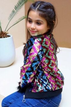 Kız Çocuk Pulpayet ve Kol Uçları Tüy Detaylı Ceket, Denim Pantolonlu, Siyah Alt Üst Takım