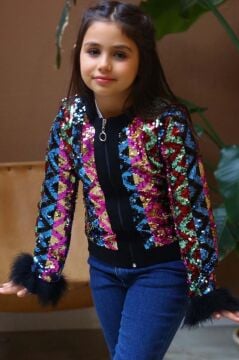 Kız Çocuk Pulpayet ve Kol Uçları Tüy Detaylı Ceket, Denim Pantolonlu, Siyah Alt Üst Takım