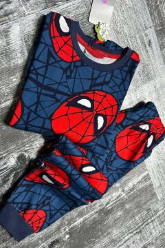 Erkek Çocuk Ağ ve Örümcek Adam Kafa Baskılı Lacivert Pijama Takımı