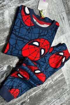Erkek Çocuk Ağ ve Örümcek Adam Kafa Baskılı Lacivert Pijama Takımı