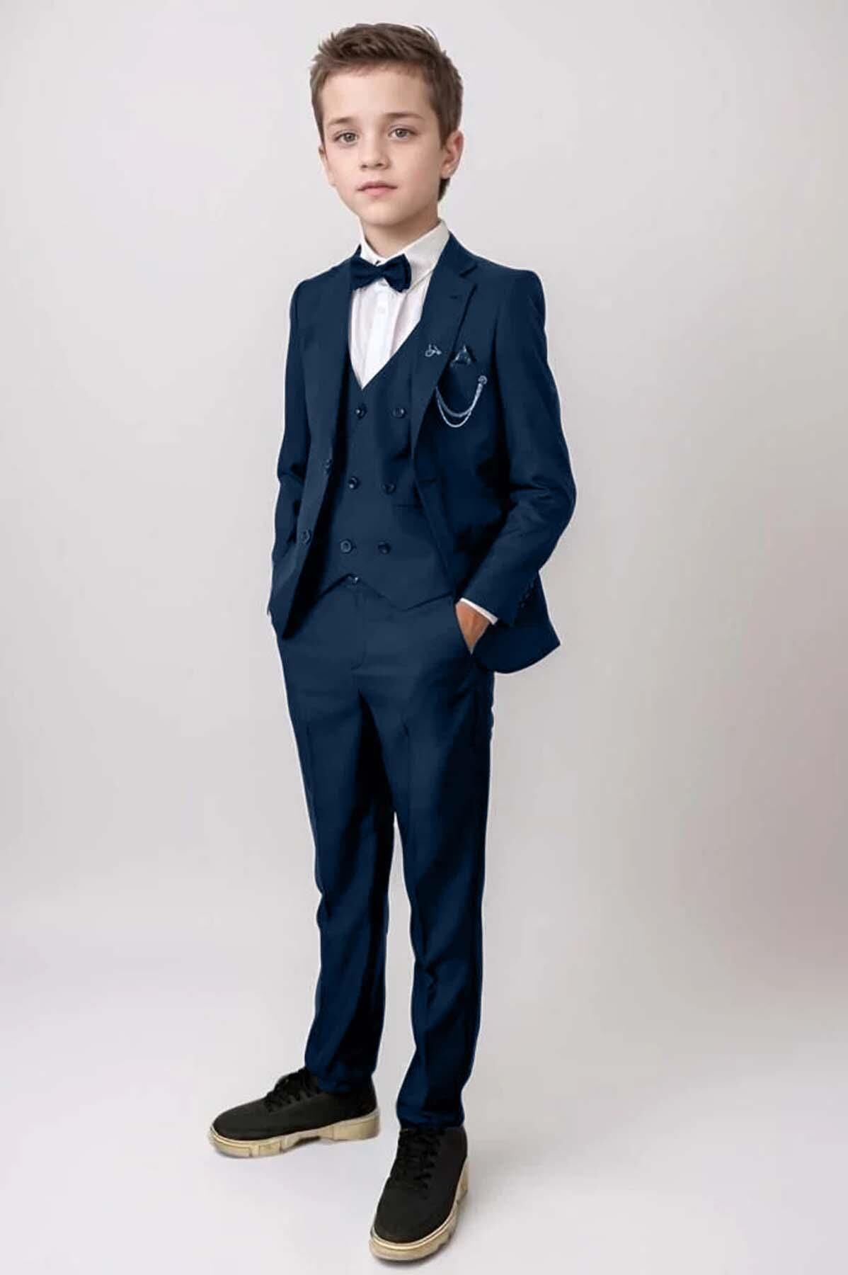 Erkek Çocuk Blazer Ceketli, Cepken Yelekli Lacivert Takım Elbise 5-9 Yaş