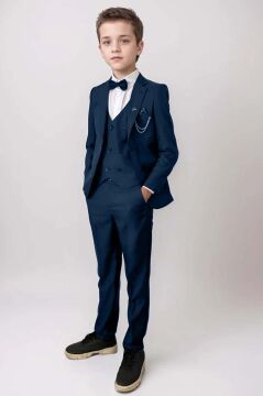 Erkek Çocuk Blazer Ceketli, Cepken Yelekli Lacivert Takım Elbise 5-9 Yaş
