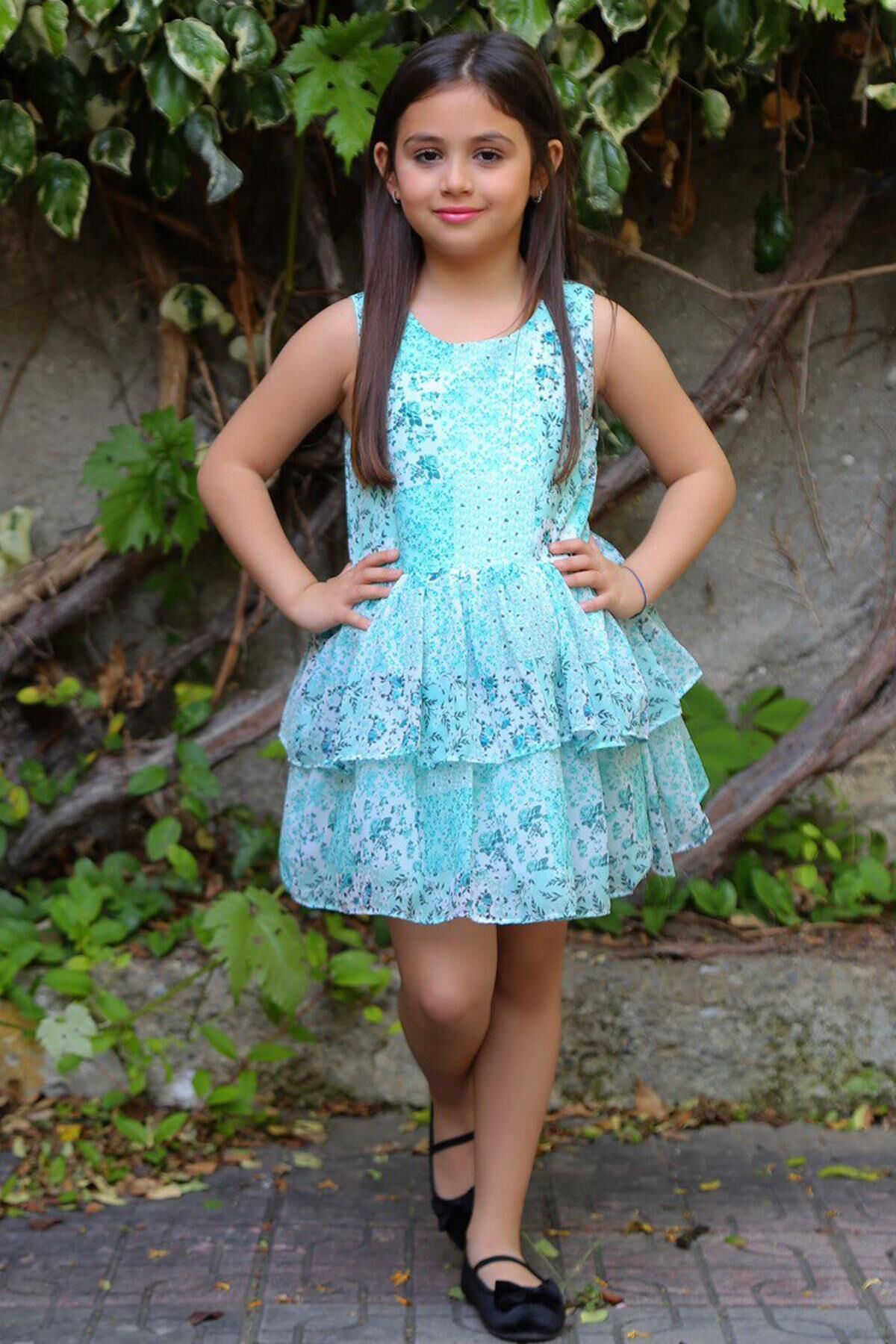 Kız Çocuk Çicek Baskılı Eteği Katkat Tüllü  Sıfır Kollu Turkuaz Elbise