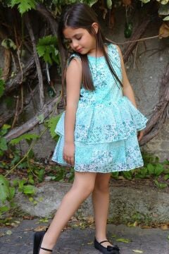 Kız Çocuk Çicek Baskılı Eteği Katkat Tüllü  Sıfır Kollu Turkuaz Elbise
