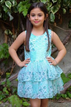 Kız Çocuk Çicek Baskılı Eteği Katkat Tüllü  Sıfır Kollu Turkuaz Elbise