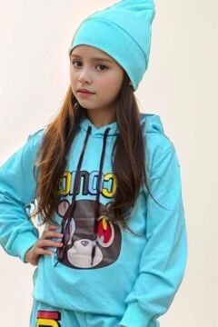 Kız Çocuk Ayıcık ve İconic Yazı Baskılı Kapüşonlu Sweatshirt Aqua Eşofman Takım