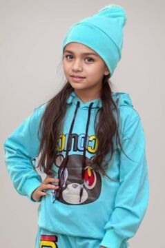 Kız Çocuk Ayıcık ve İconic Yazı Baskılı Kapüşonlu Sweatshirt Aqua Eşofman Takım